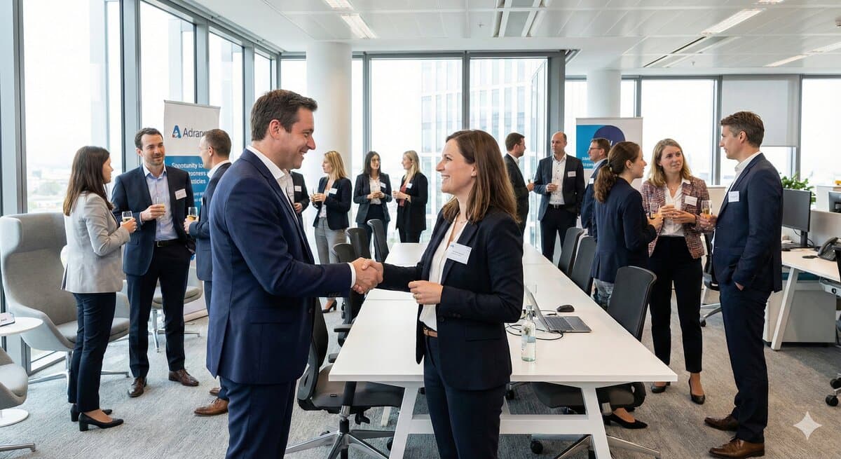 Happy successful businesswoman in modern office looking at growth chart on screen, professional achievement, warm lighting, celebrating success